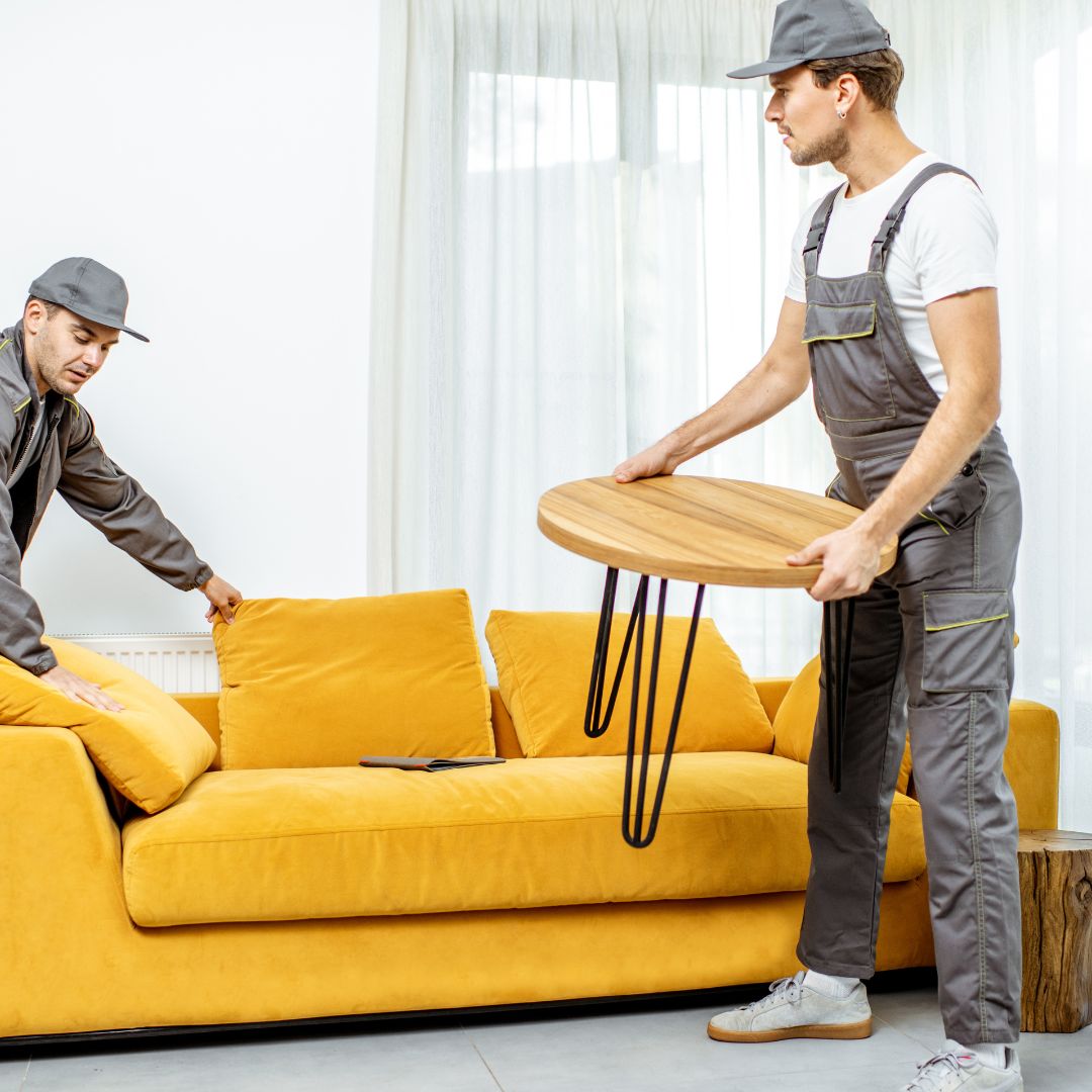 Moving International- Team of movers organizing furniture